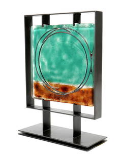 Marlene Rose Metal and Glass Art Sculpture: ROSE, Marlene, (American, 20th/21st Century): Center sand cast mottled green and brown glass with inset metal rings, patinated steel frame and base, signed and dated 2007. Overall 26" h. x 18" x 7.5".