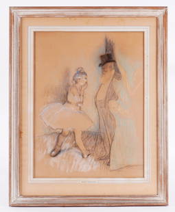 Louis Legrand Incognito Mixed Media Ballerina Drawing: LEGRAND, Louis, (French, 1863-1951): Depiction of a young ballerina and King Leopold II in top hat, Colored Chalk / Charcoal / Paper, no visible signature, pencil number 1074 and "Incognito" lower lef