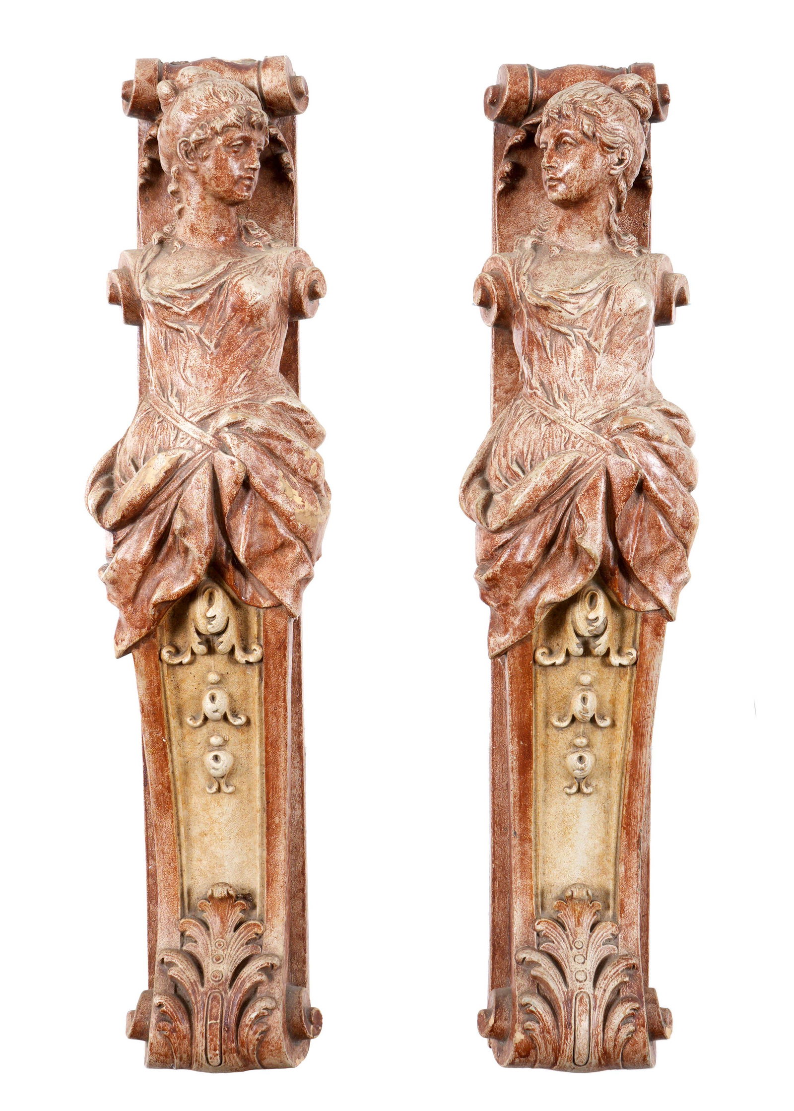 Pair 19th Century French Terracotta Pilasters: Scroll finial over figural maidens, lower foliate scroll. Overall 32.5" h. x 7.5" x 6". Condition: Chips and losses.