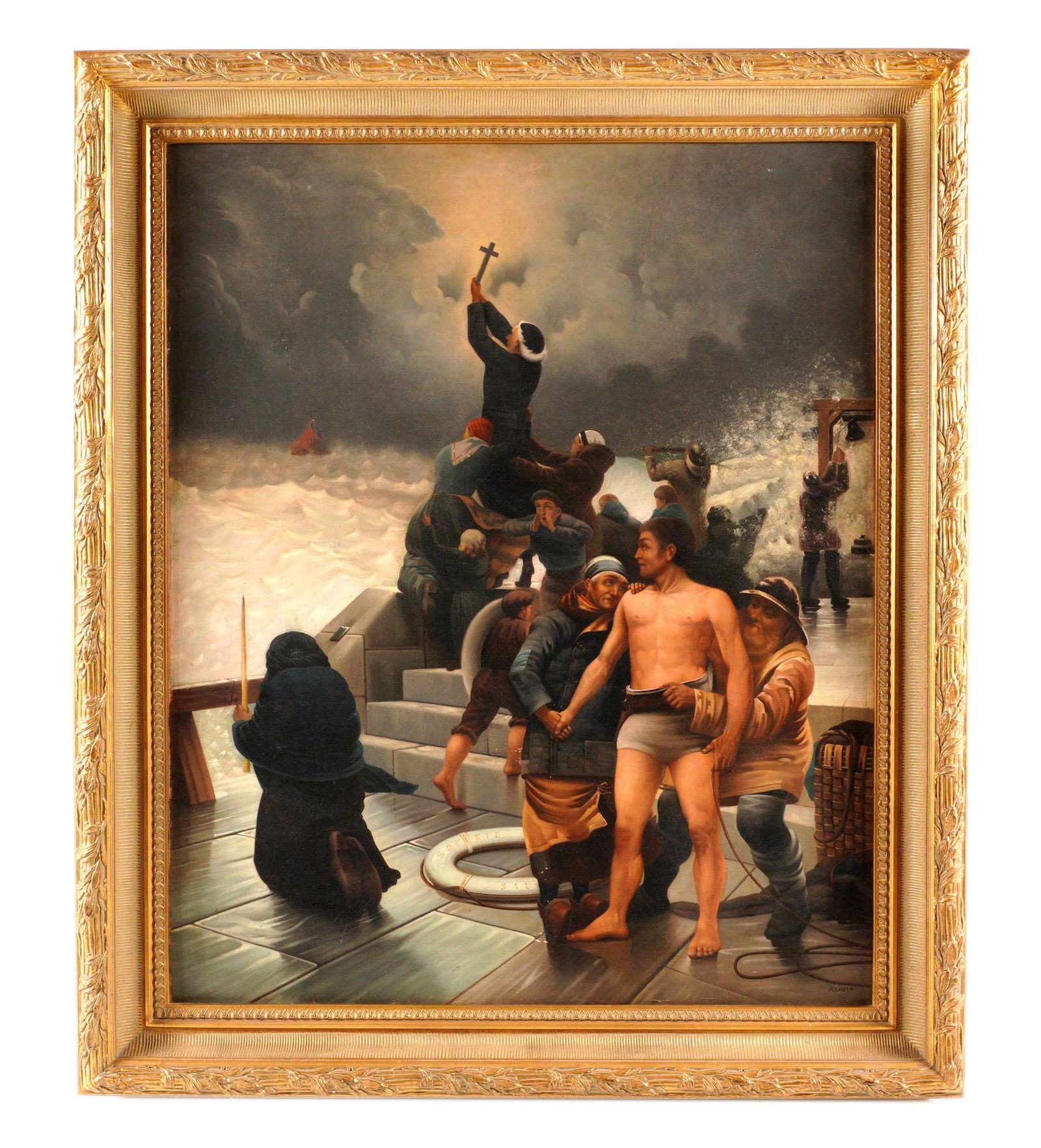 Large Ship in Distress Painting Signed Renard (1 of 7)