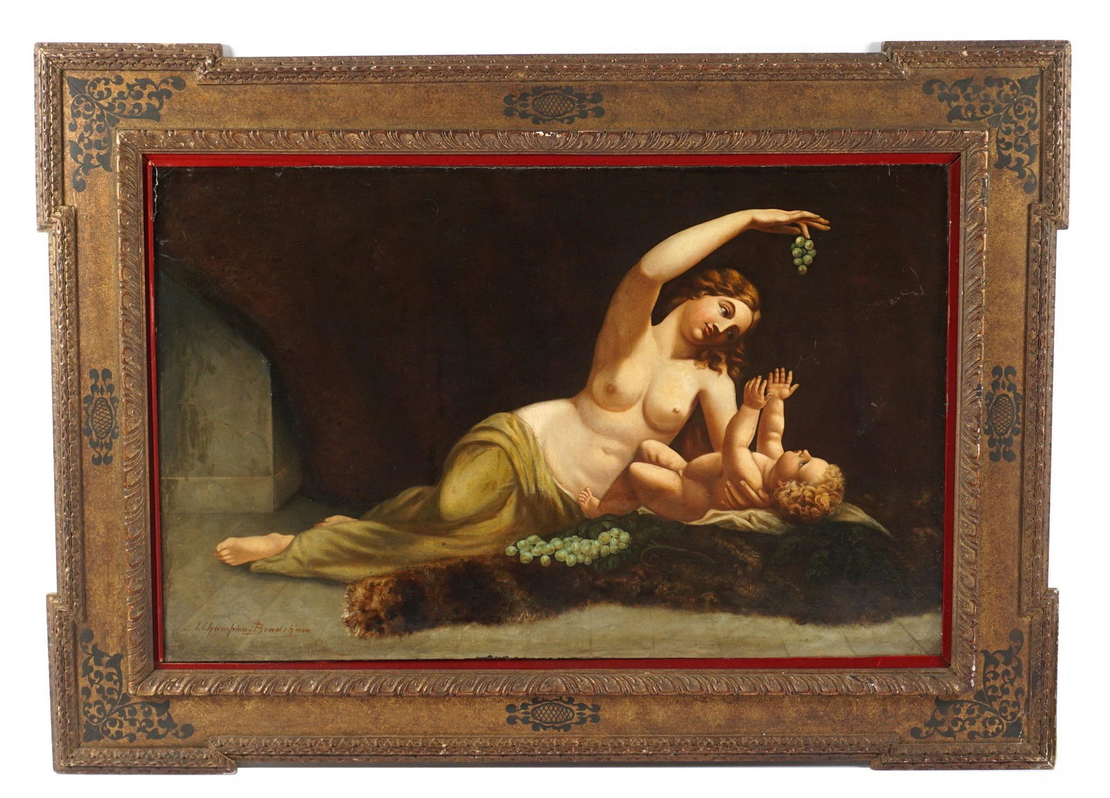 John Champion Bradshaw Nude Woman with Child: BRADSHAW, John Champion, (Isle of Man/British, 1847-1925): Portrait of a reclining classical semi nude woman holding a bunch of grapes over an infant child, Oil/Canvas, signed lower left, 33" x 52", f