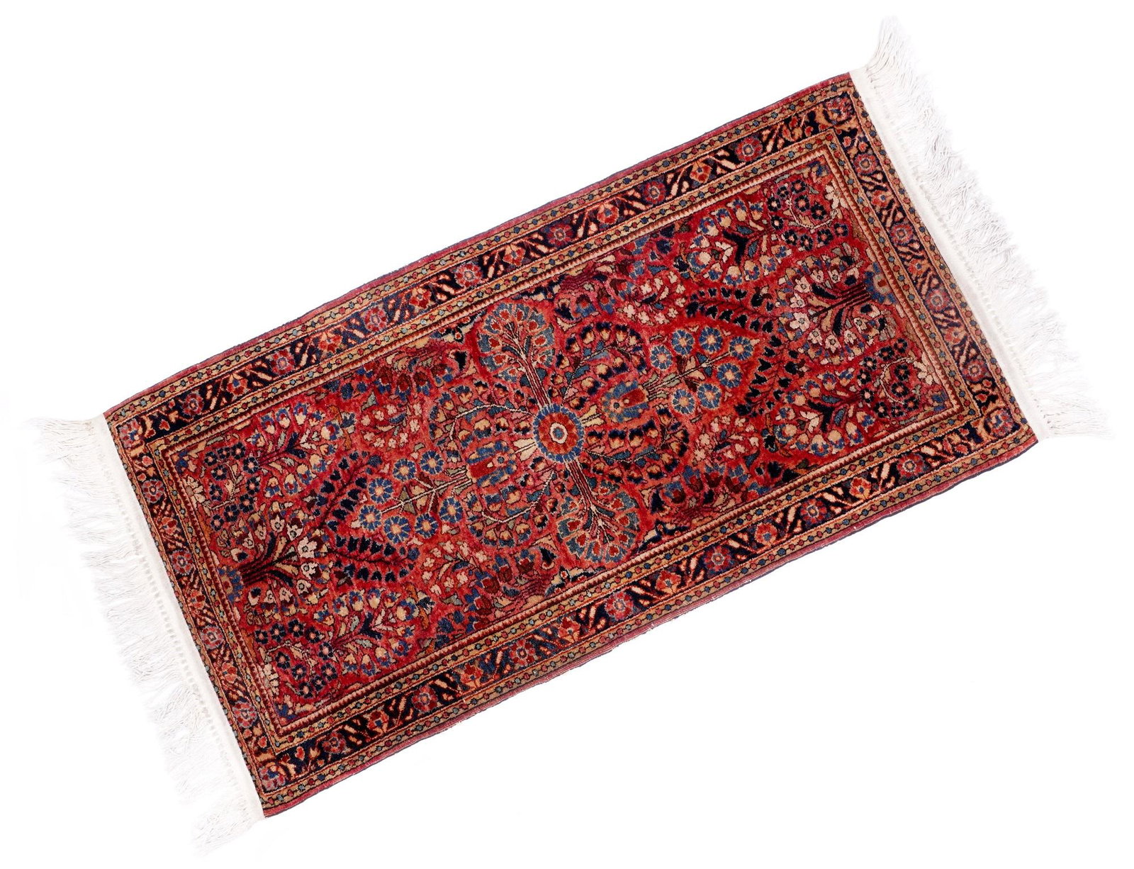 Semi Antique Sarouk Rug 2x 4: Four foliate and geometric border bands, maroon center field center floral medallion, stylized trees, overall 2' 1" x 4' 1". Please see photos for condition.