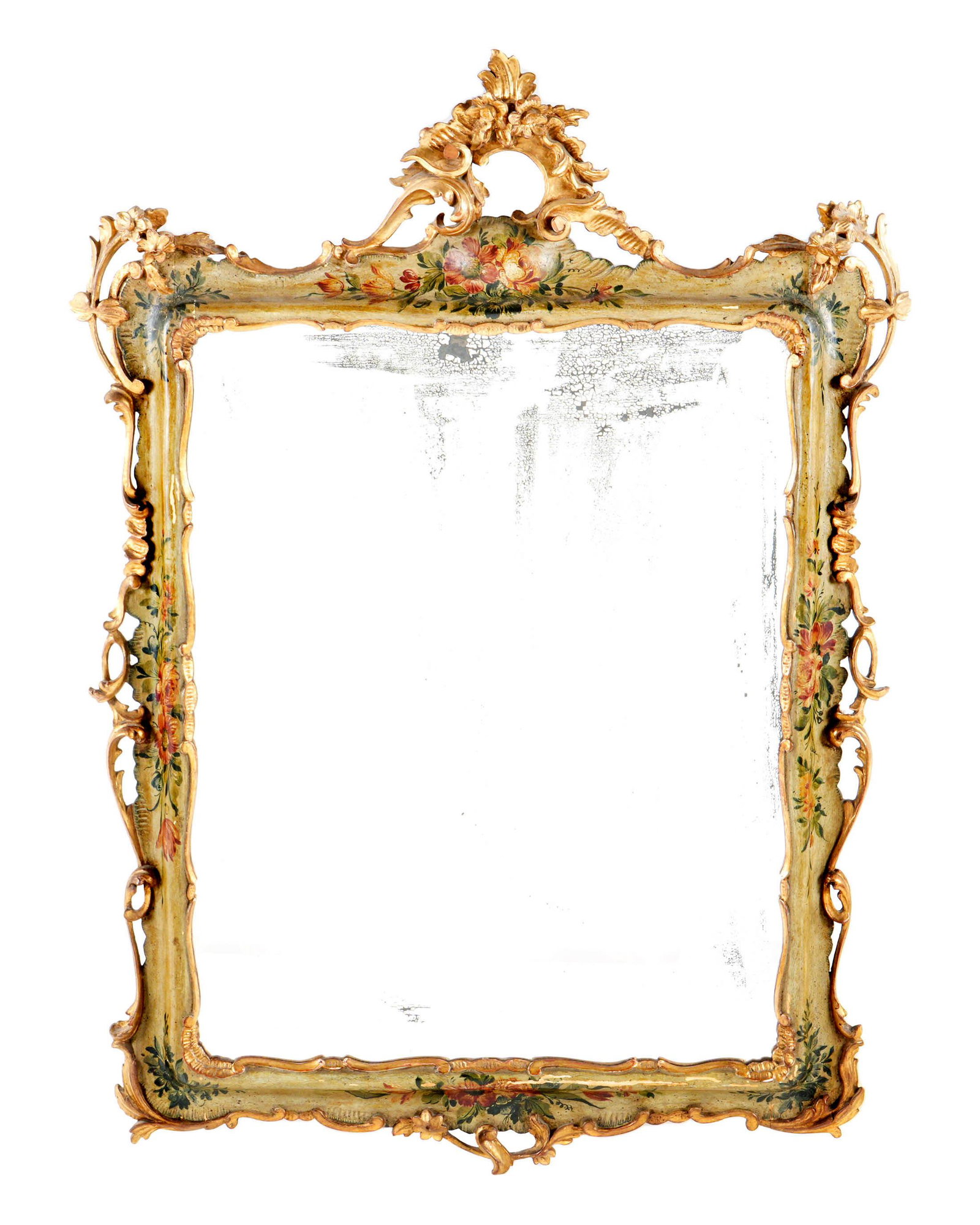 19th C. Venetian Paint and Gilt Decorate Mirror: 19th Century carved parcel gilt frame with foliate scroll design, frame painted with floral sprays. Overall 36.5" x 26.5". Condition: Wear to frame, spotting and striking to mirror.