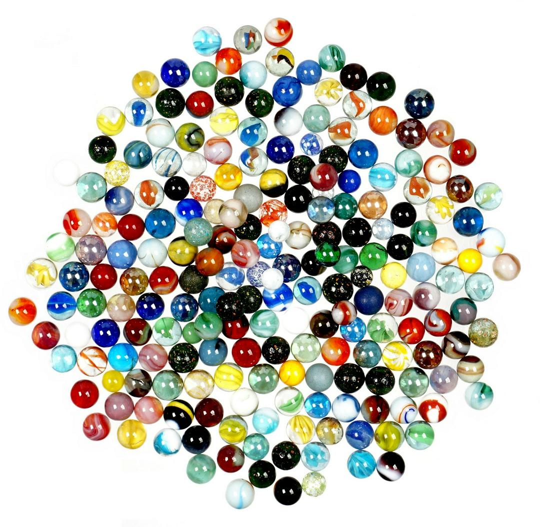 Collection of 215 Assorted Marbles: An assembled collection of approx. 215 marbles, sizes vary from approx. 11mm to 16mm. Condition varies.