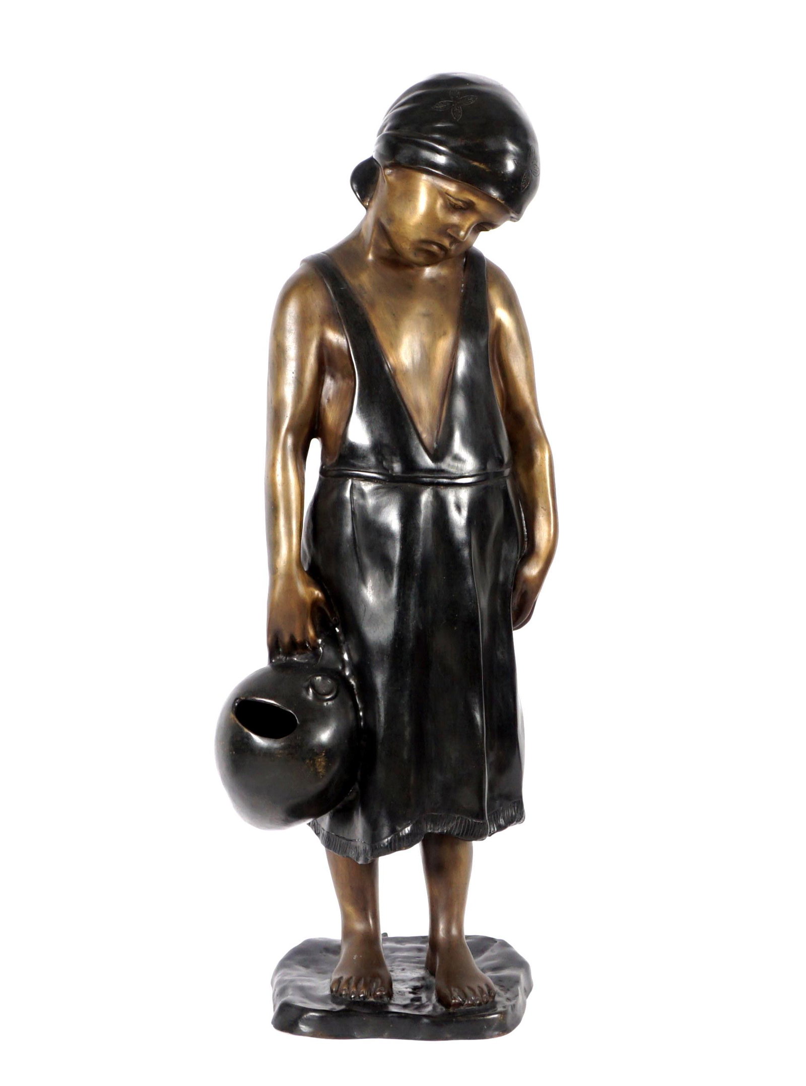 After Aurisicchio Bronze Girl With Jug Fountain: after AURISICCHIO, Vincenzo, (Italian, 1855-1926)" "Girl with Water Jug", patinated bronze fountain, unmarked, overall 39.25" h. x 14" x 13.5".