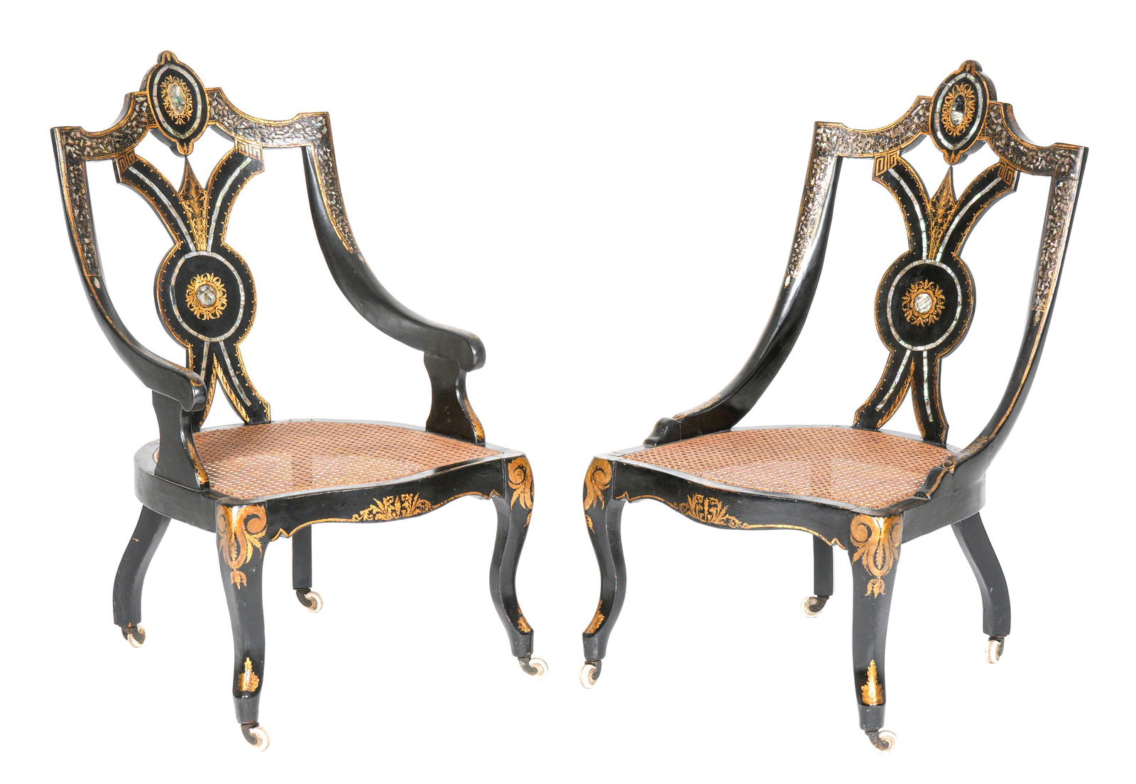 Pair Victorian Paper Mache Mother of Pearl Chairs (1 of 11)