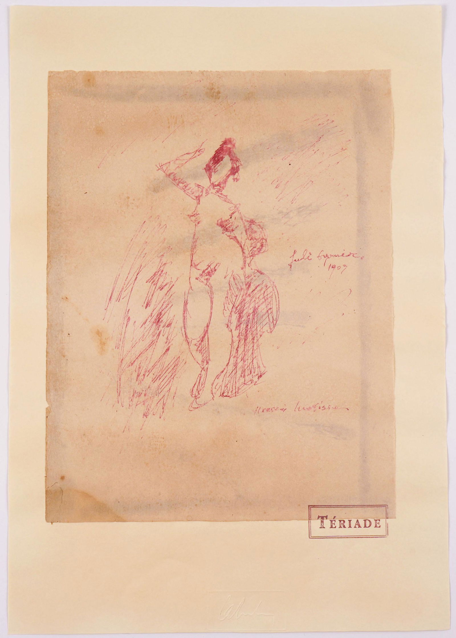 attrib. Matisse Drawing Nude Woman Teriade Stamp: attributed MATISSE, Henri, (French, 1869-1954): Sketch nude woman, Ink on laid paper, signed lower right, dated 1903 with illegible model name center right, Teriade stamp crossing from bottom of paper