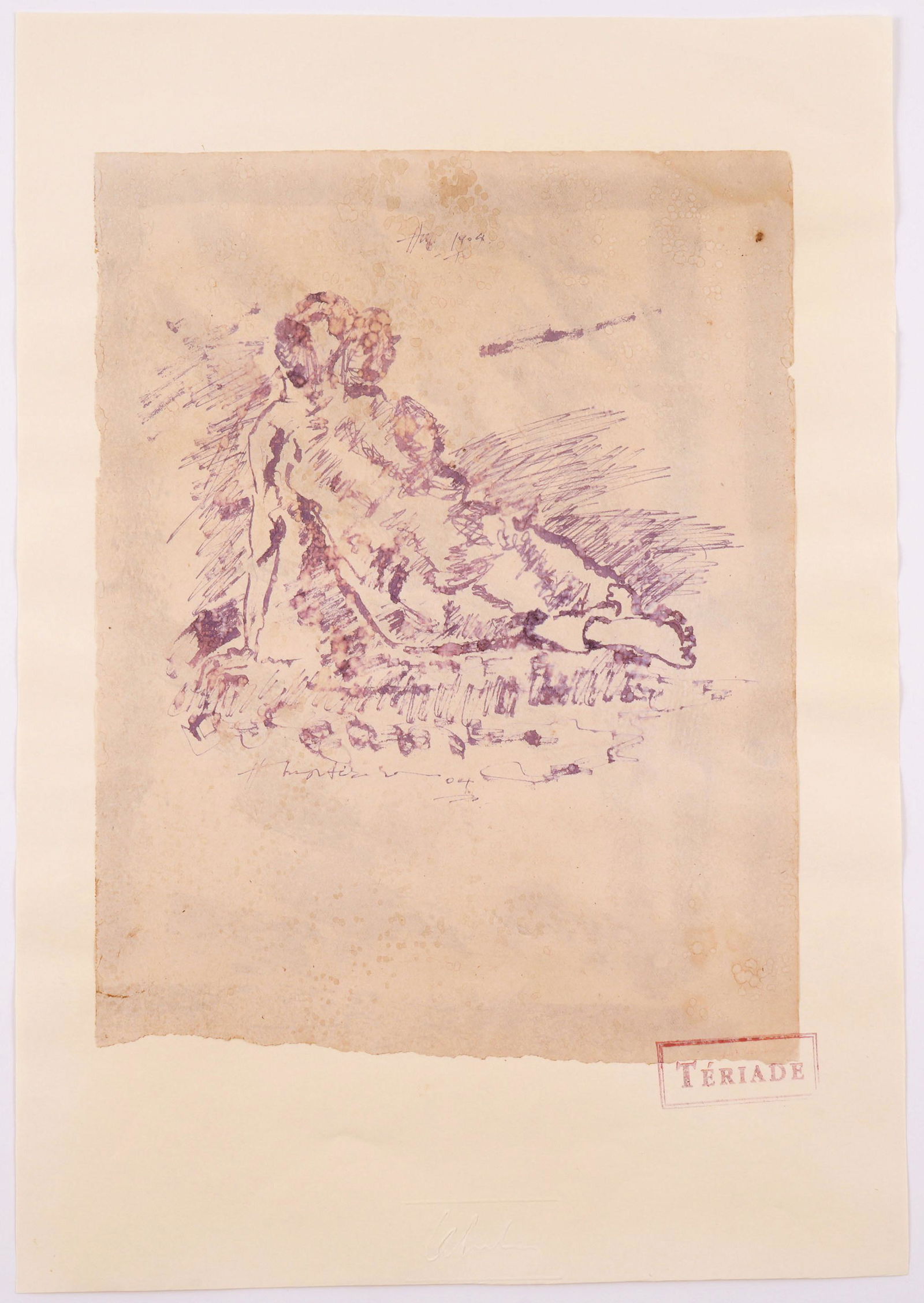 attrib. Matisse Drawing Nude Woman Teriade Stamp: attributed MATISSE, Henri, (French, 1869-1954): Sketch nude woman, Ink on laid paper, signed and dated 04 lower center, monogrammed and dated 1904 upper center, Teriade stamp crossing from bottom of p