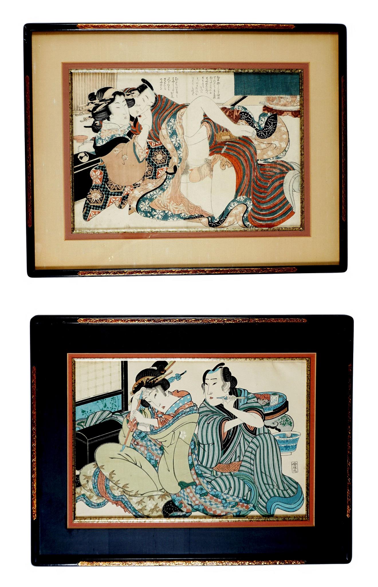 Two Japanese Woodblock Prints Eizan and Eisen: Two pieces total to include 1) Kukigawa Eizan Teahouse on Nakanochu in Yoshiwara, from Selections from the Brocade Quarter, sight size 9.75" x 14.25", framed 15.75" x 20.25". Note fading and toning. 2