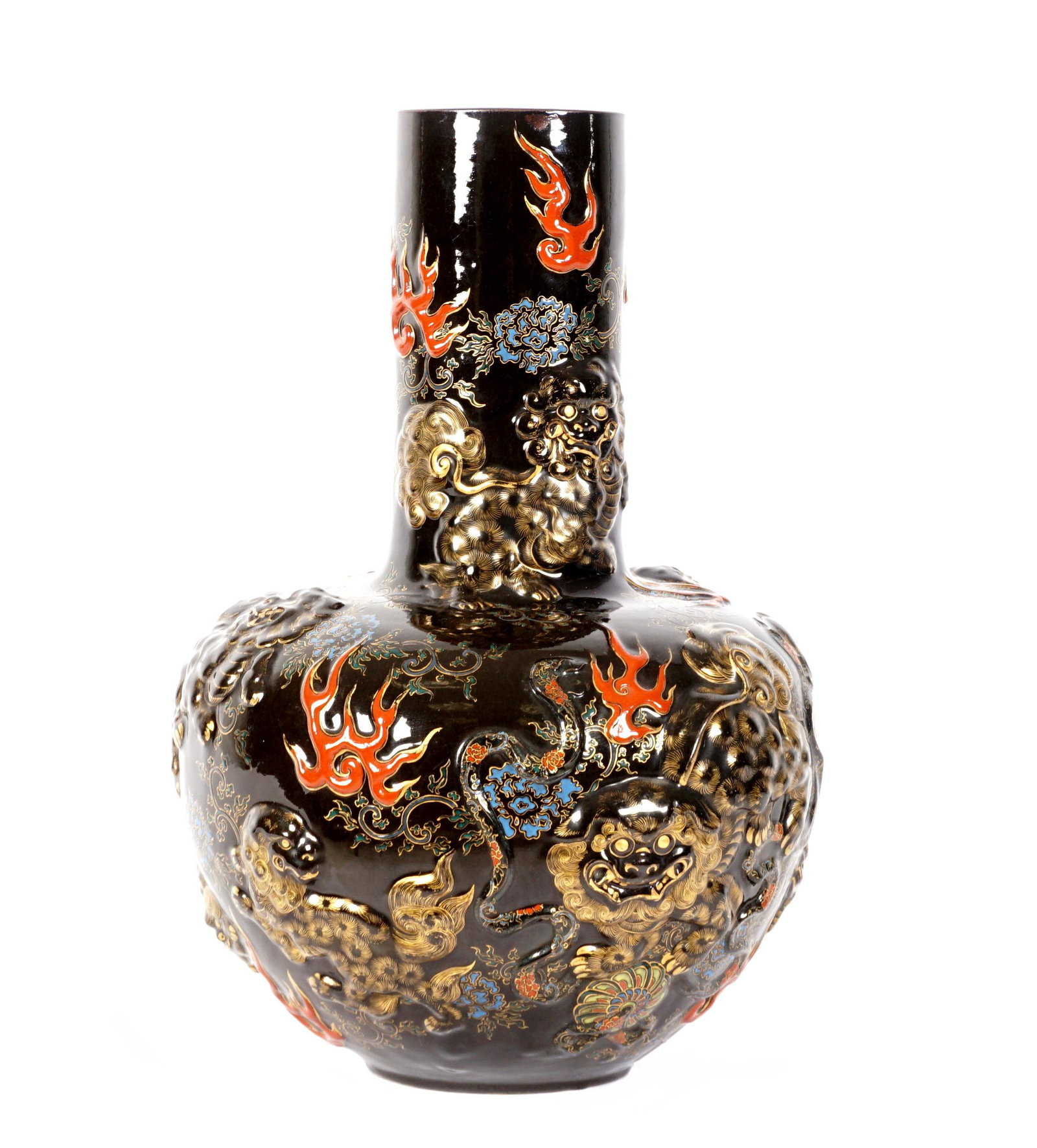 Large Japanese Famille Noire Raised Figure Vase: Impressive in size, deep black glaze ground, raised polychrome decoration to include temple lions, flames, floral, and foliate motifs. Signed in red on base with additional illegible impressed mark. O