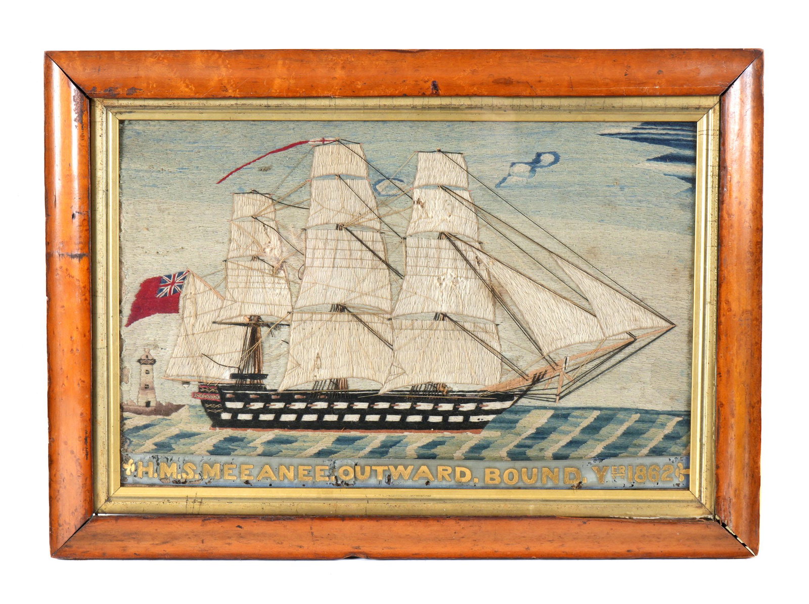 1862 English Ship HMS Meeanee Woolwork Woolie: British sailors woolwork "woolie" of the H.M.S. Meeanee, a two deck 80 gun ship launched on November 11th, 1842 at the Bombay Dockyard. Sight size 11" x 17.25", framed 15.5" x 21.75". Condition: Losse