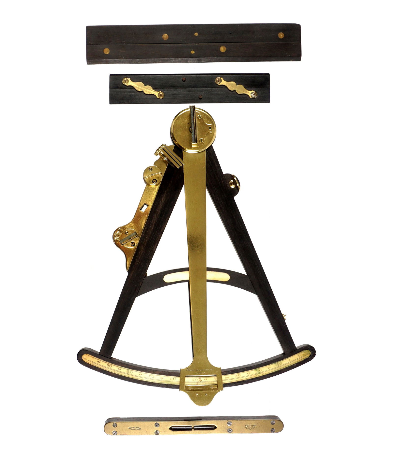 Naval Navigation Sextant Parallel Rules and Level: 19th Century, four pieces total to include 1) Gilbert, Wright, & Hooke ebony, bone, and brass naval sextant, overall 16.5" long x 13". 2-3) Two ebony and brass parallel rulers, longer 12" long. 4) W.