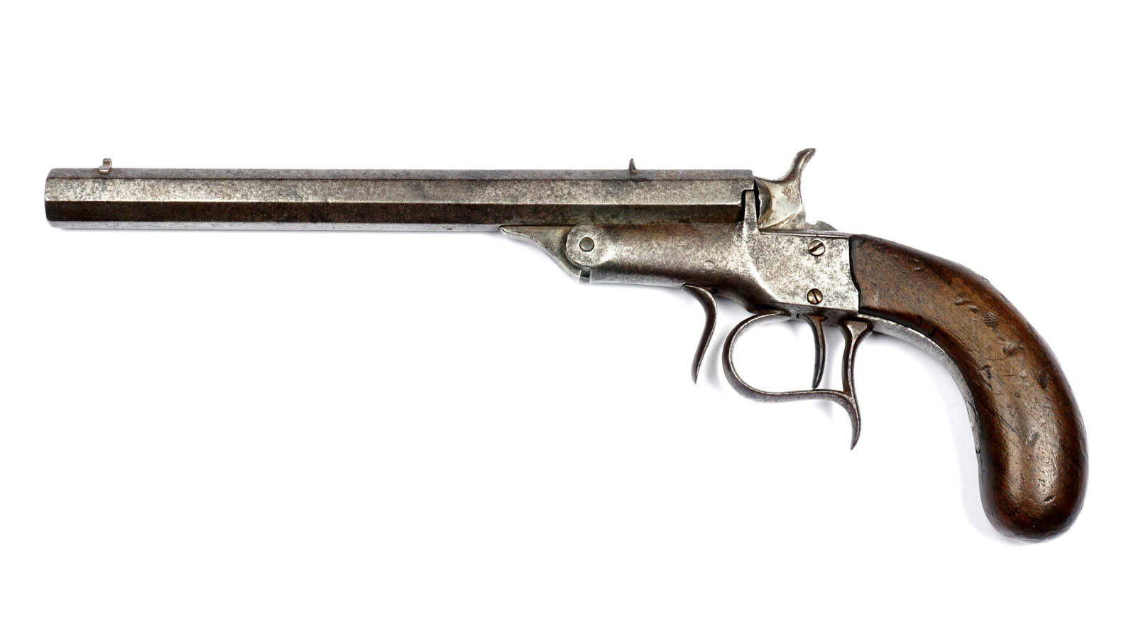 19th Century Blanch & Son? Single Shot .22 Pistol: 8.25" top break octagonal barrel, .22 caliber, single shot, walnut grip. While unmarked we believe this gun to be a prototype for the Blanch & Son parlor pistol due to similarity in frame, trigger gua