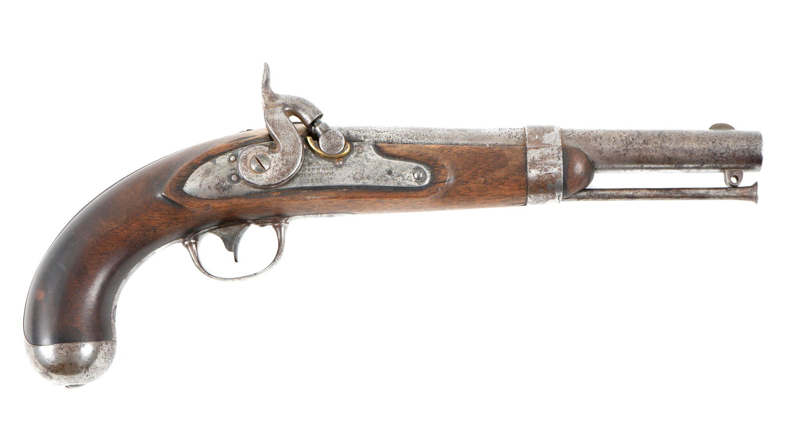 Converted Robert Johnson Model 1836 US Pistol: Converted to percussion from flintlock, marked US / JW / P on 8.5" round smooth bore .54 caliber barrel, marked on Lock US / R. Johnson / Middleton / 1837. Walnut stock with two inspector cartouche JA