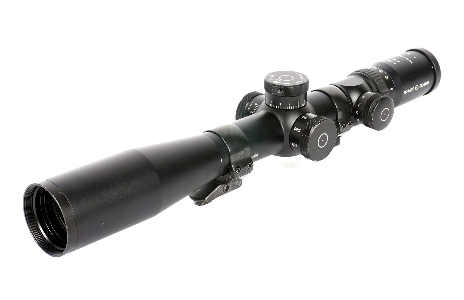 Schmidt & Bender 4-16 x 42 PM II Rifle Scope: Iconic Schmidt & Bender PM II 4- 16x42 rifle scope, optics appear to be excellent, overall 15.5" long. Sold with clear lens covers, tube only mounting hardware. Condition: Scratches from mounting writ