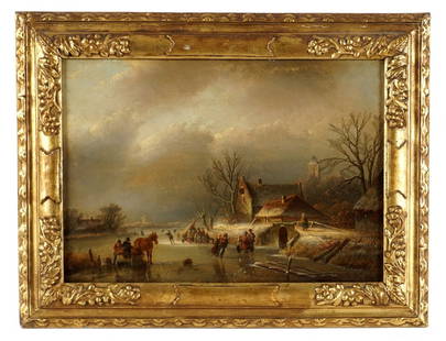 attr Klaes Molenaer Dutch Ice Skating Winter Scene: attributed MOLENAER, Klaes, (Dutch, 1630-1676): Winter scene depicting villagers ices skating on a river next to a town, Oil/Panel, signed lower left, E. Schweickerdt, Pretoria label verso. 11.5" x 16