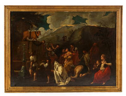 attr. Sebastien Bourdon Adoration of the Golden Calf by the Israelites Painting: attributed BOURDON, Sebastien, (French, 161-1671): "The Adoration of the Golden Calf by the Israelites" Oil/Canvas, no visible signature, older inventory stickers verso on frame, 50" x 72", framed 57.