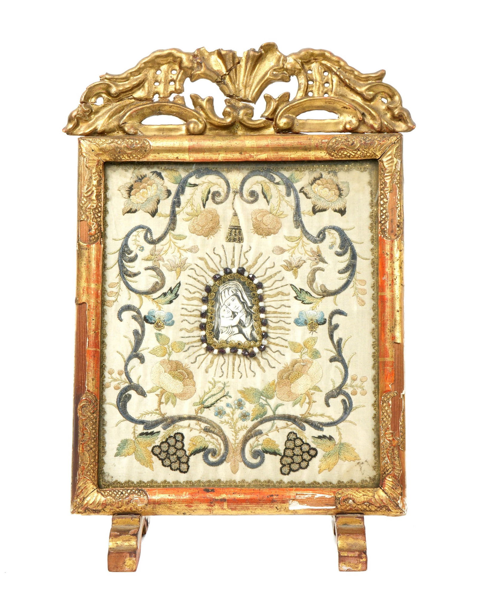 18th C. Painted & Silk Embroidered Mother & Child (1 of 8)