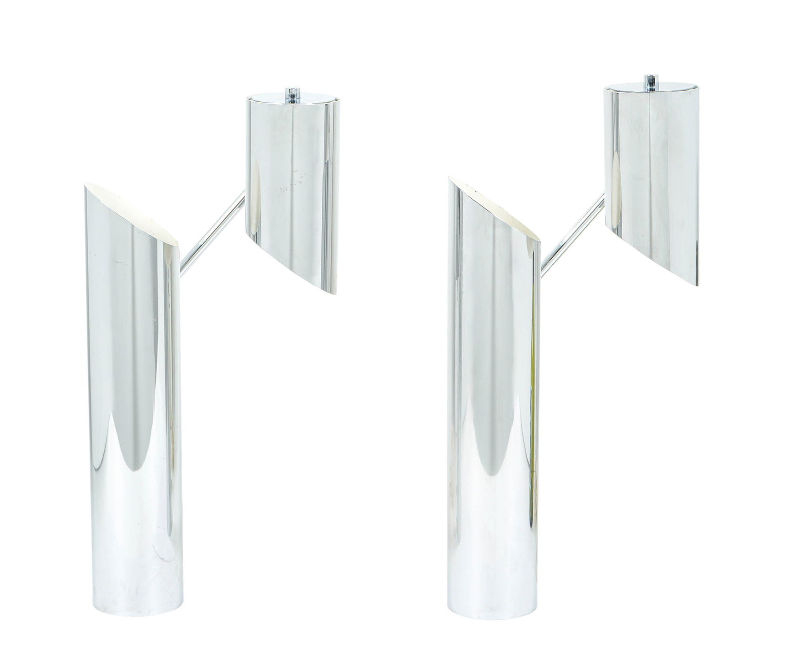 Pr Angelo Lelli for Lightolier Chrome Table Lamps: Pair tall cylinder form chrome table lamps with offset top section connected by a rod with acrylic ends, marked Made in Italy on base. 20.25" h. x 3.5". Condition: European plugs, minor scratches.