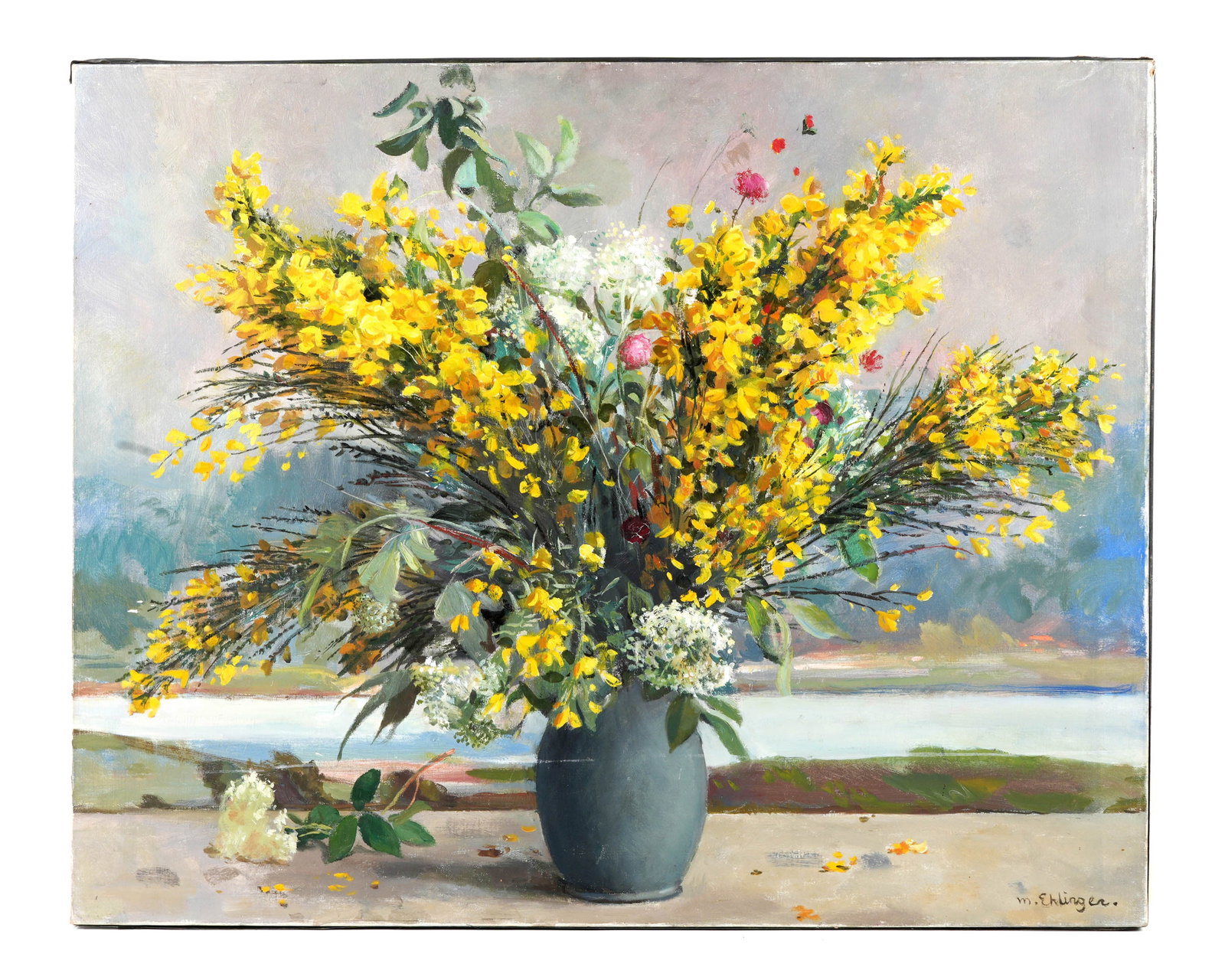 Maurice Ambroise Ehlinger Still Life of Flowers: EHRLINGER, Maurice Ambroise, (French, 1896-1981): Outdoor still life of flowers in a vase, Oil/Canvas, signed lower right and verso, 31.75" x 39.5".