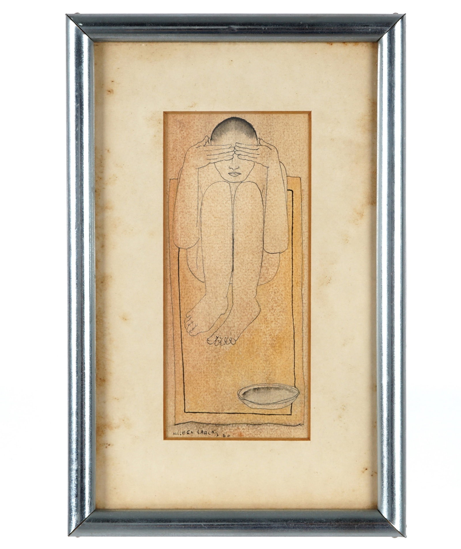 Michel Lablais Peek-a-Boo Mixed Media Drawing: LABLAIS, Michel, (French, 1925-2017): Nude figure with hands covering eyes, Pen/Watercolor on paper, signed and dated '60 lower left, sight size 6.25" x 2.75". framed 10" x 6.5". Condition: Toning, fo