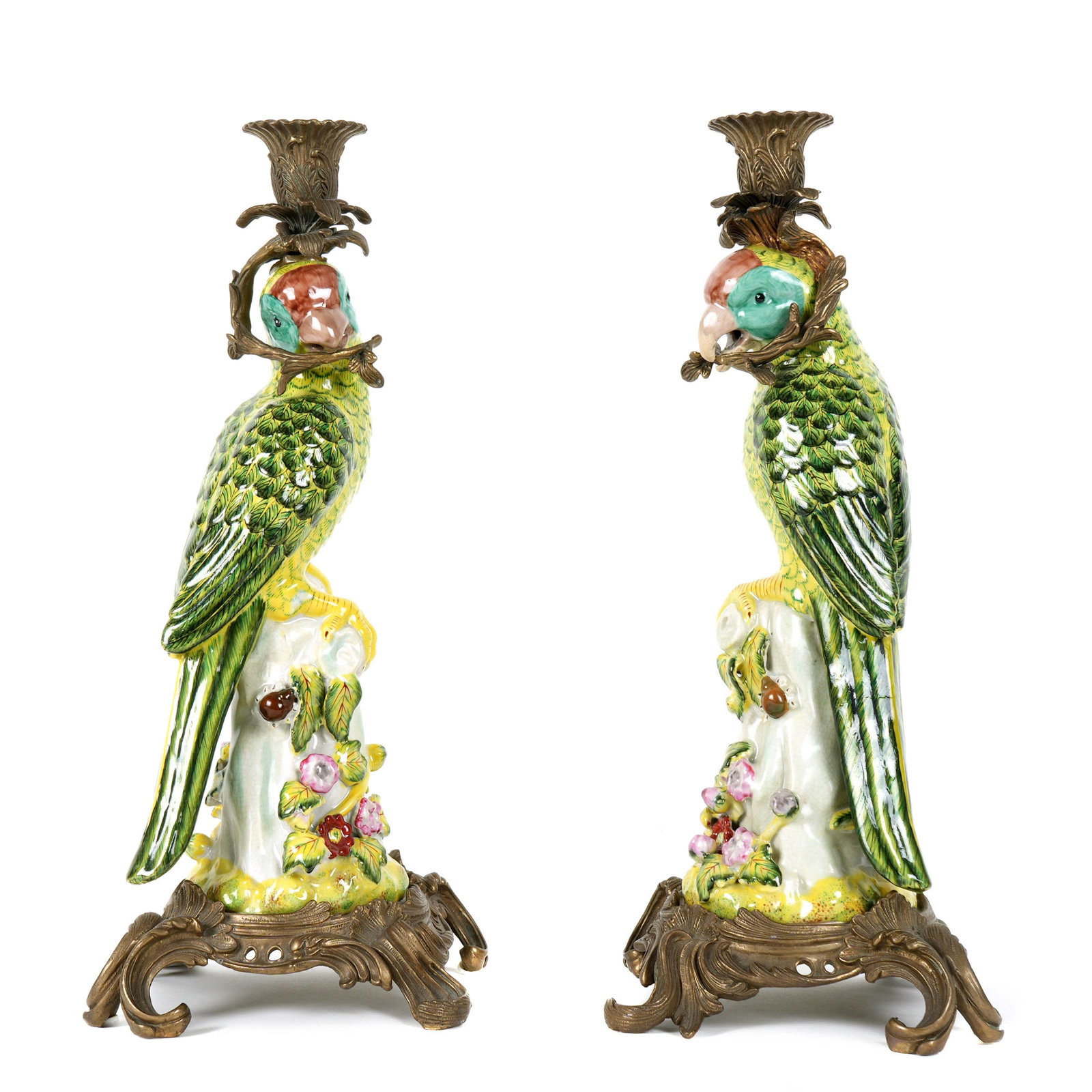 Pair Bronze Mounted Italian Parrot Candlesticks (1 of 7)