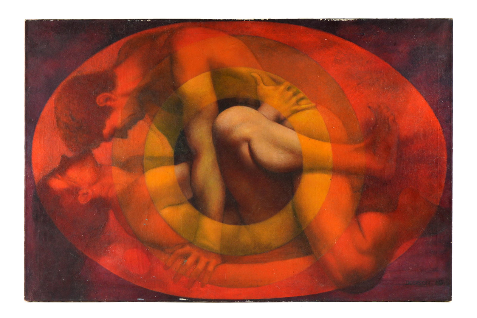 1969 Betty Dodson Bullseye Painting of Lovers: DODSON, Betty, (American, 1929-2020): "Bullseye with Man on Top", two lovers in intimate moment, Oil/Canvas, signed and dated 1969 lower right, 45" x 68", unframed. Condition: Craquelure, abrasions, p