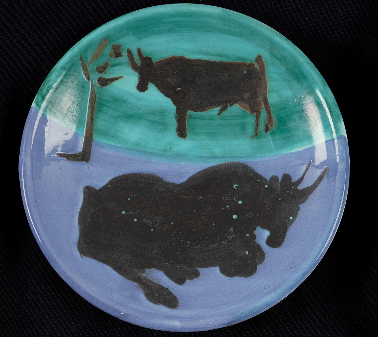 1950's Picasso Madoura Toros Ceramic Plate: PICASSO, Pablo,, (Spanish, 1881-1973): "Toros", ceramics plate, well marked with inscribed "Edition Picasso Madoura", and stamped "Edition Picasso" and "Madoura". Overall 1.25" x 7.75". Condition: Min