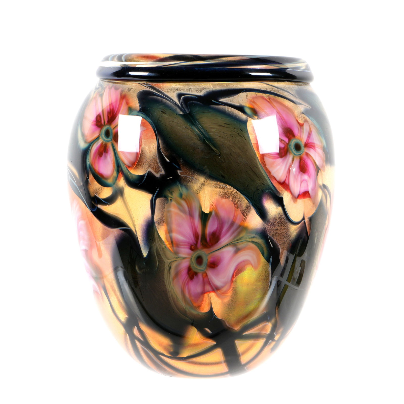 2003 Charles Lotton Multi Flora Art Glass Vase: Amber glass ground with floral designs, signed near base and dated 2003. Also etched "Multi Flora", overall 8.5" h. x 7" dia. Please note white rectangles in photos are reflections of the flash from p