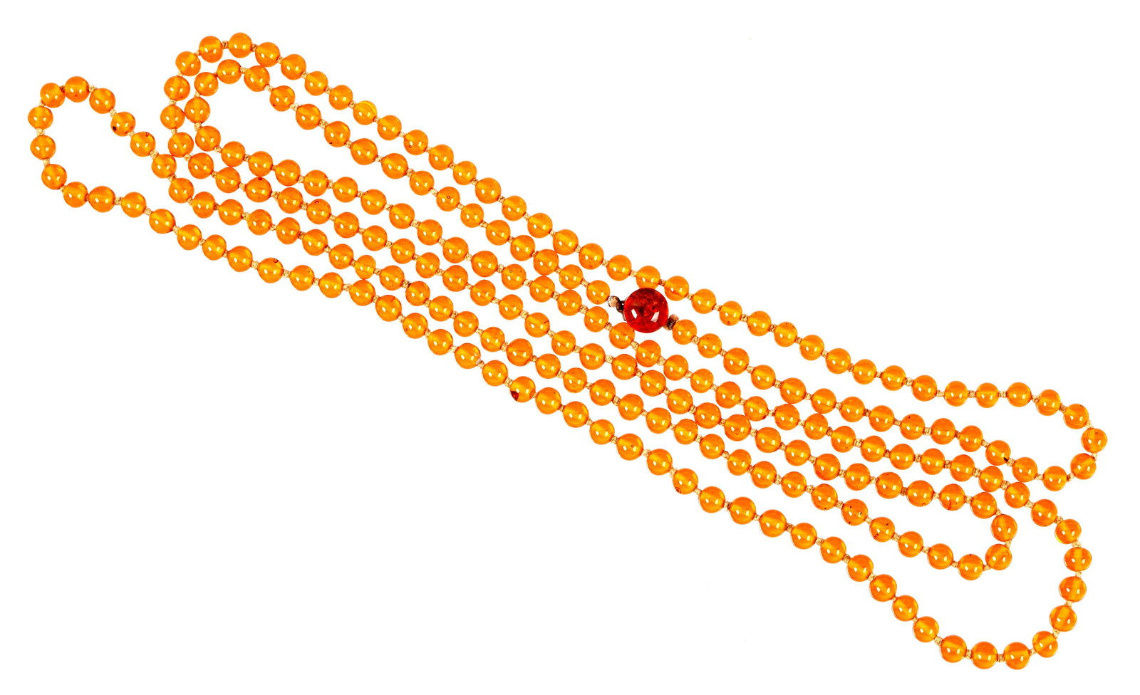 Chinese Qing Dynasty Amber Peking Glass Necklace: Amber Peking glass beads, each approx. 5mm dia. Replacement clasp marked Japan. overall approx. 58.5" long.