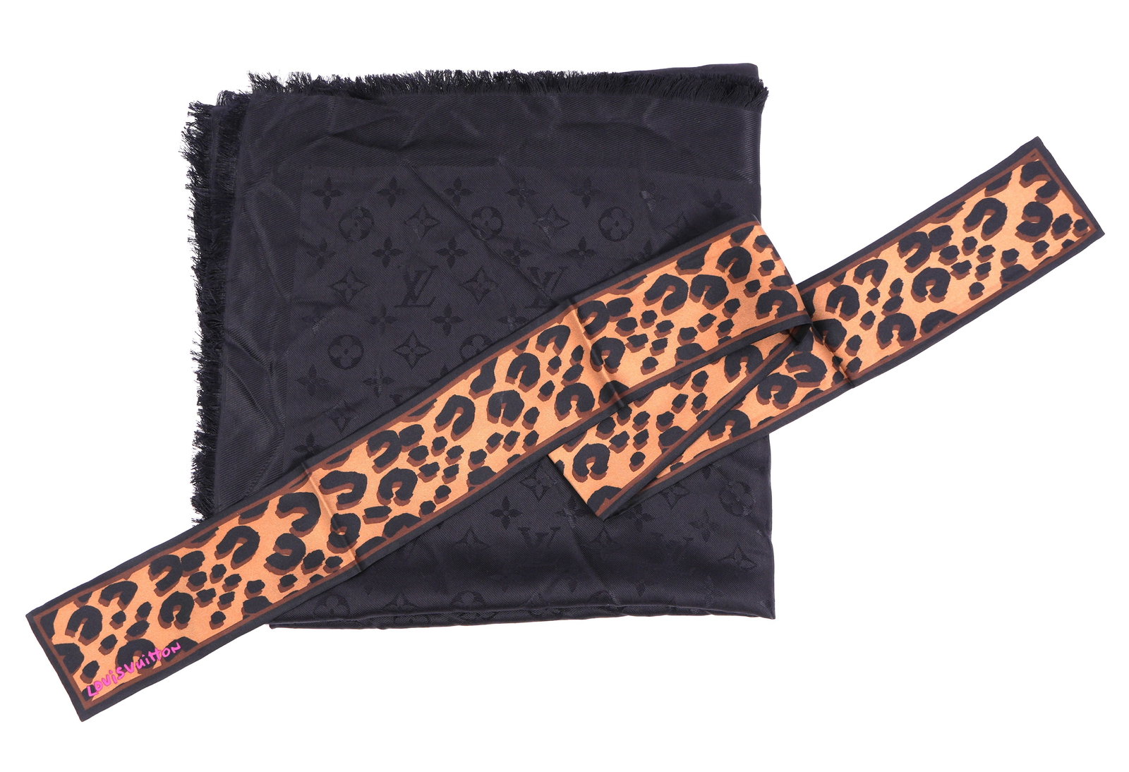 Louis Vuitton Bandeau and Shawl: Two pieces total, each by Louis Vuitton, to include 1) Leopard print bandeau with brown and black border bands, 46" long. Sold with original receipt from Louis Vuitton. 2) Black on black monogram shaw
