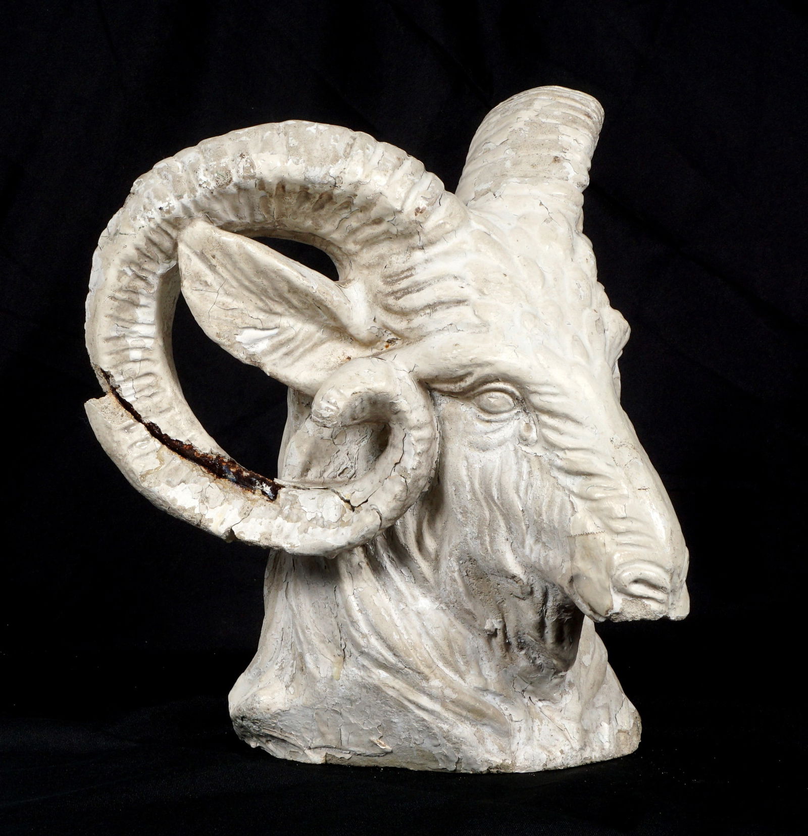 Painted Poured Stone Rams Head Garden Decoration: White painted poured stone concrete figural rams head, overall 14.25" h. x 13.5" x 10". Condition: Loss of concrete and paint, rust to showing rebar.