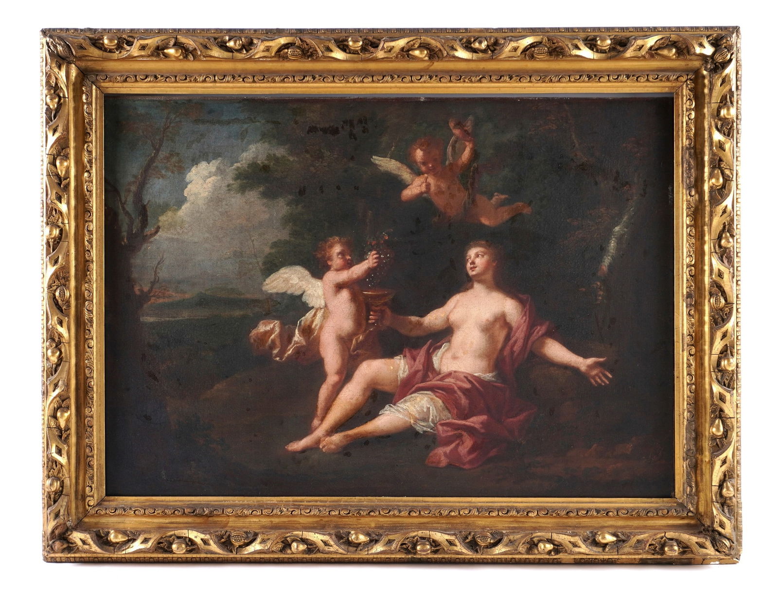Old Master Style Venus & Cupid Painting: Old master style depiction of Venus and two cherubs in landscape, Oil/Canvas, no visible signature, 27" x 38", framed 35.5" x 46.25". Condition: Craquelure, inpaint, wax relined. Frame with chips and