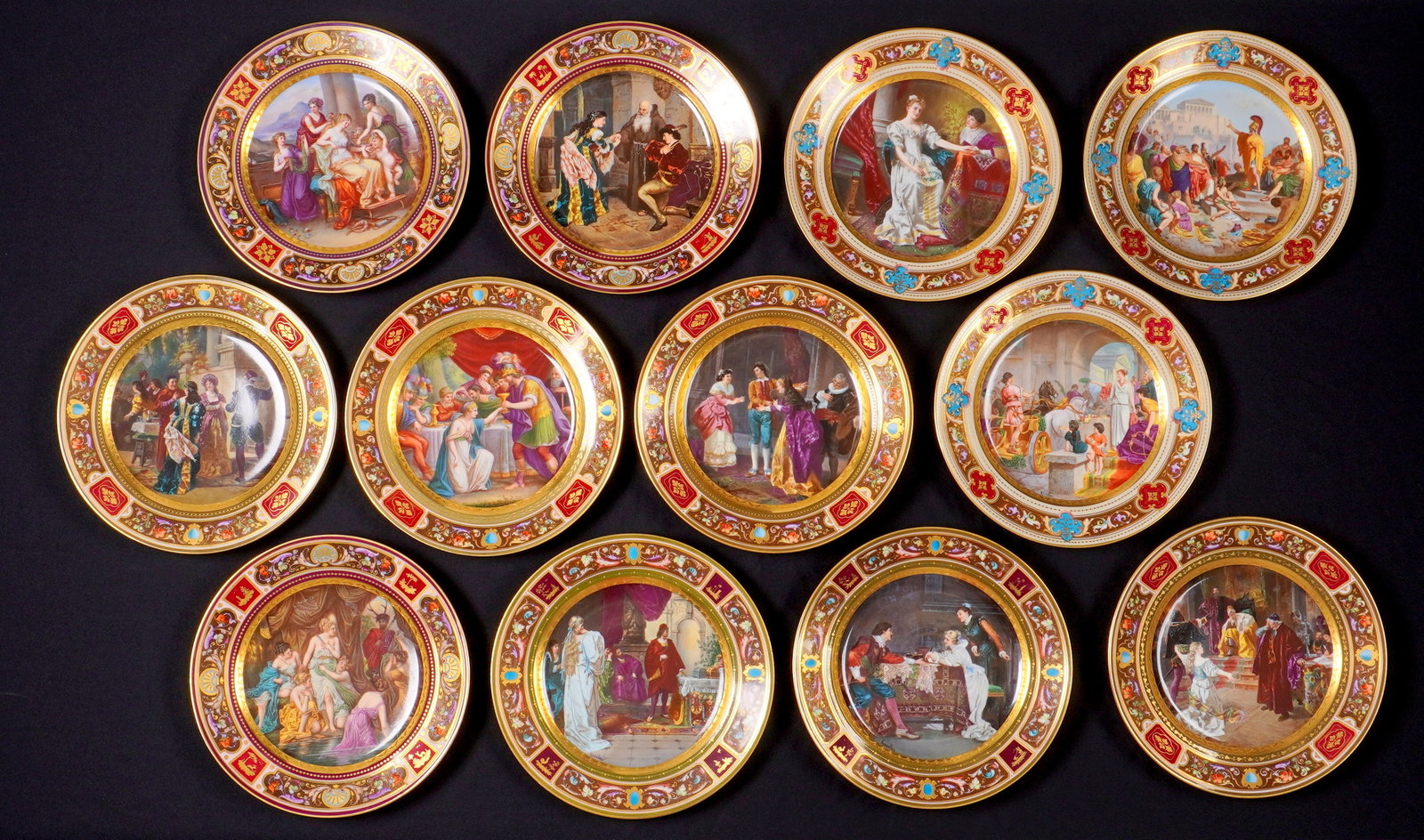 Set of 12 Royal Vienna Cabinet Plates: A nice 12 piece set of hand painted cabinet plates, many signed Knoeller on front , to include "Diana and Acteon", "Wedding Morning", "The Wedding of Figaro (C. Becker)", "The return of the victor", "