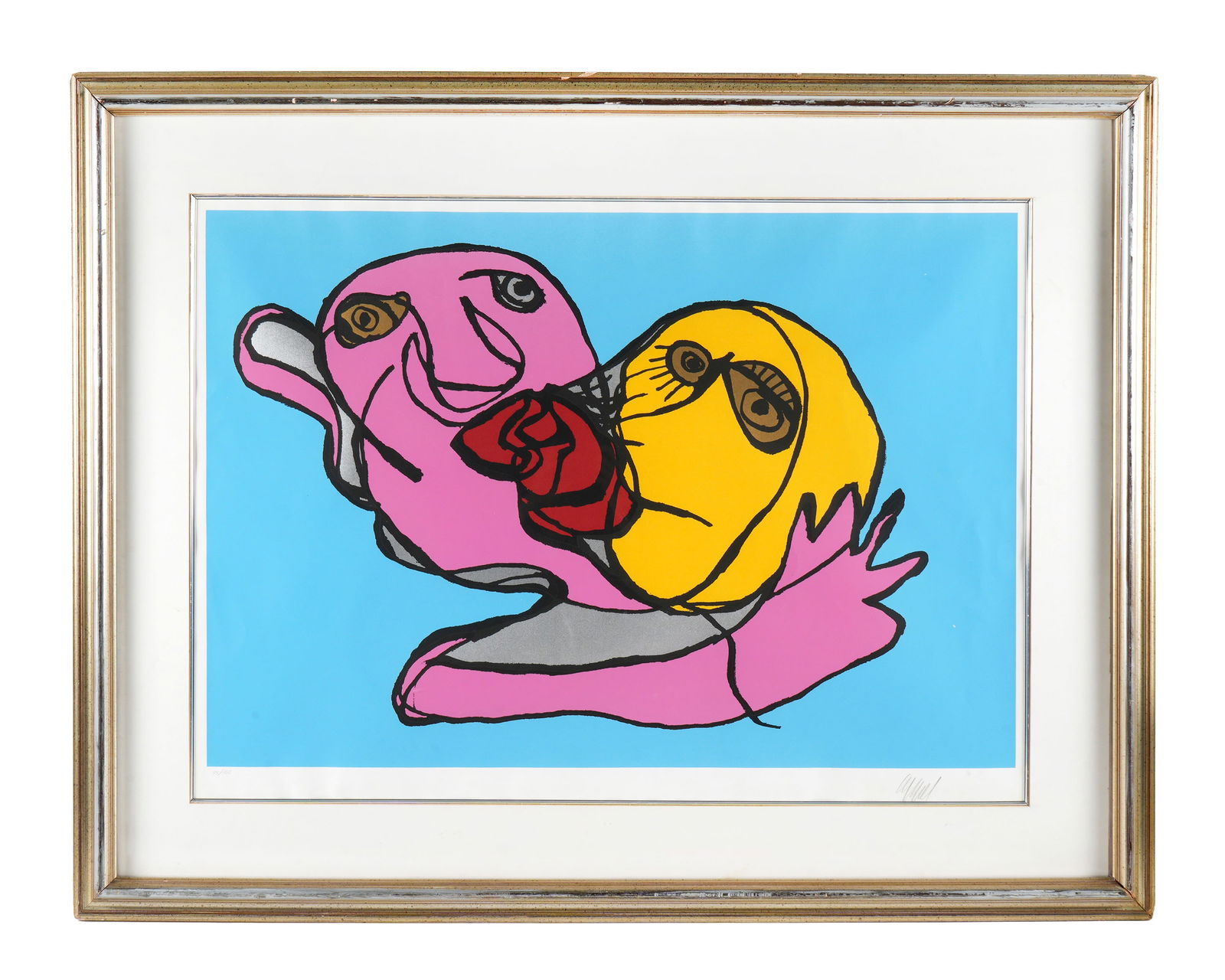 Karel Appel Sky Blue Kiss Lithograph: APPEL, Karel, (Dutch, 1921-2006): "Sky Blue Kiss", Lithograph in Colors on Paper, pencil signed lower right, numbered 33/100 lower right, sight size 28" x 39" including margins, framed 39.5" x 50.75".