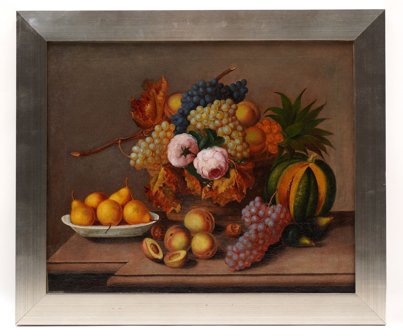 19th C. Large Hungarian Still Life Painting: Still life painting of assorted fruit and flowers in bowl on table top, Oil/canvas, no visible signature, 25" x 30.5", contemporary frame 30.5" x 36". Condition: Scattered inpaint, craquelure.