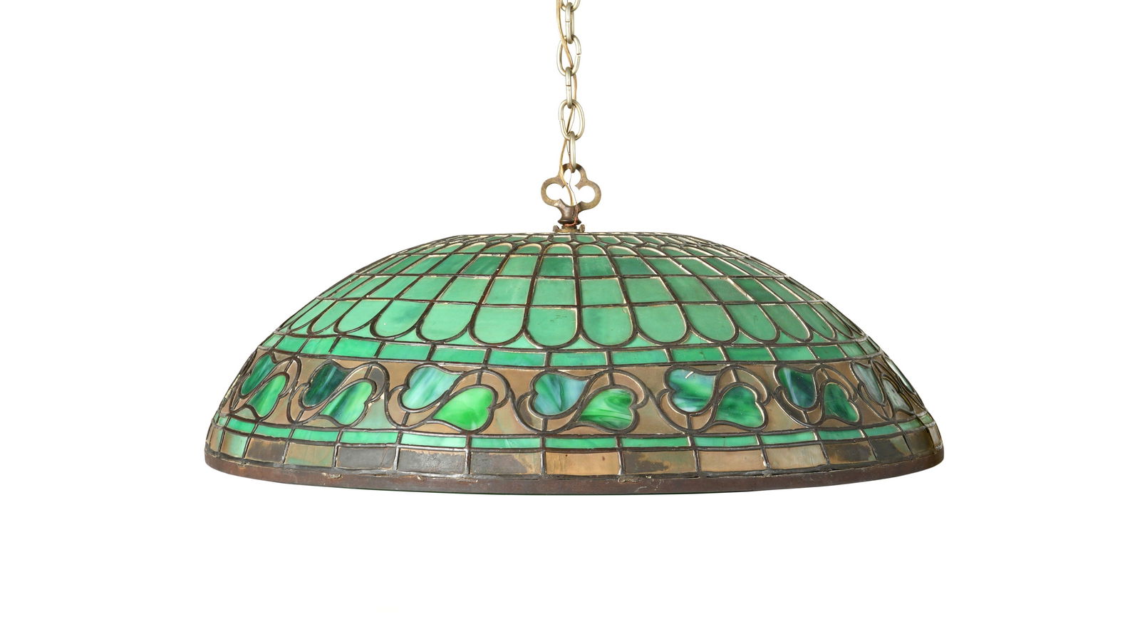 Bigelow & Kennard Style Leaded Glass Hanging Light: Large leaded and stained glass hanging light fixture, green glass panels with leaf border band. Iron top aperture, internal rod supports, and lower rim band. Triple socket fixture, no visible markings