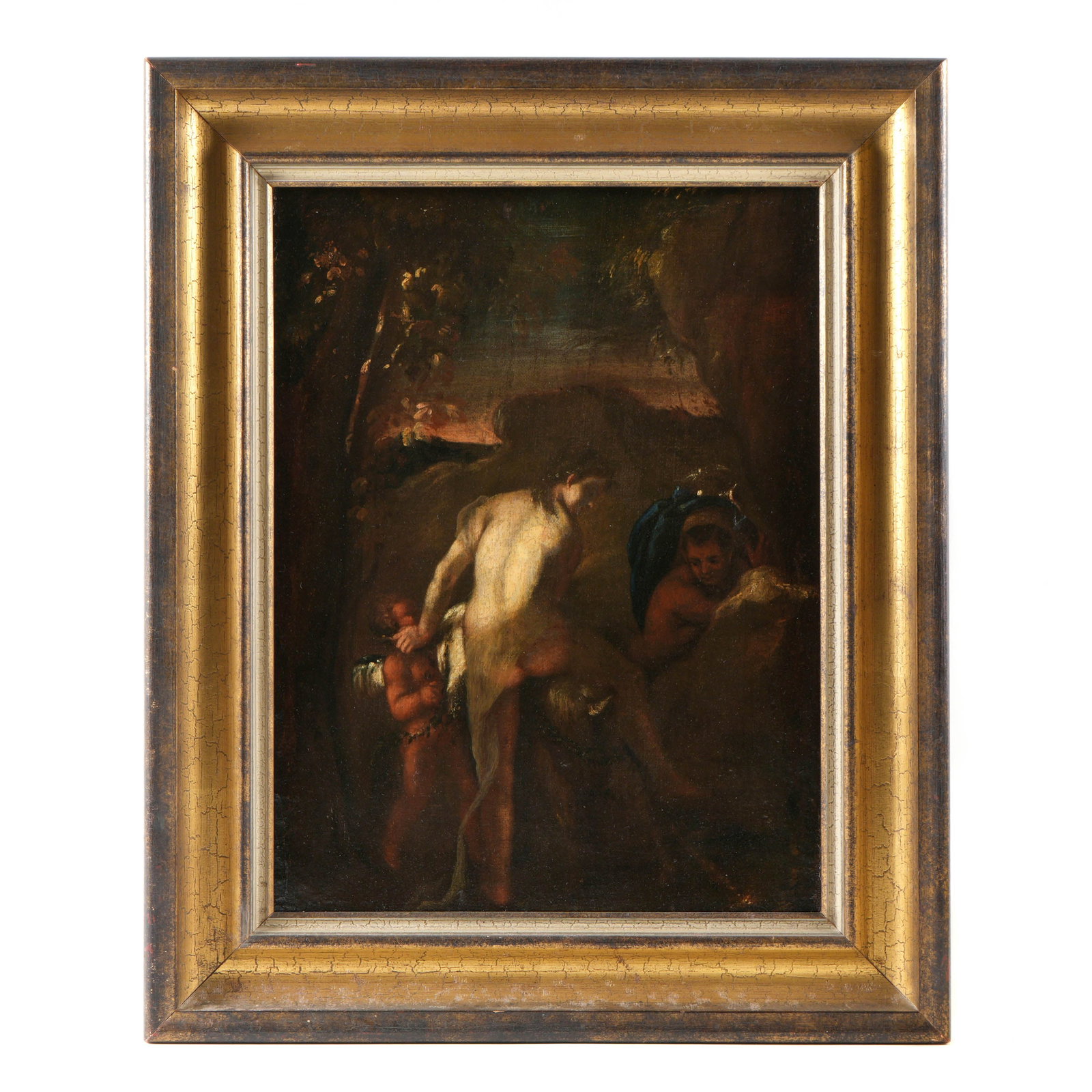 manner of Domenico Fetti Nymph with Cherub Painting: manner of FETTI, Domenico, (Italian, 1589-1623): Depiction of a sheer clothed nymph with cherub attendant, male figure to her right, Oil/Canvas, no visible signature, 22.5" x 15.25", framed 25.5" x 21