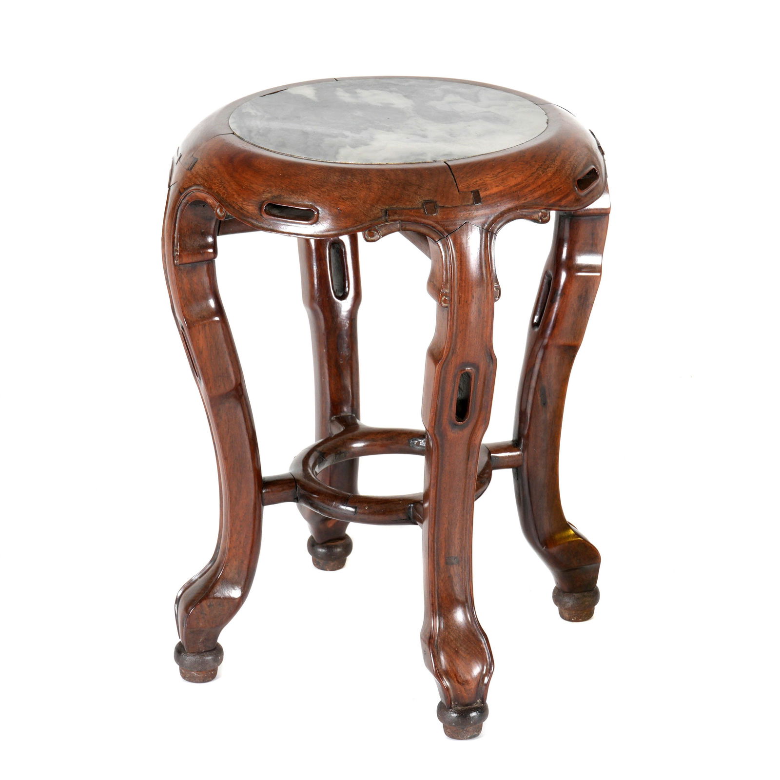 Chinese Carved Hongmu Dreamstone Table: Inset marble dreamstone top, carved and shaped hongmu wood base. Overall 19" h. x 15" dia. Wear consistent with age and use.