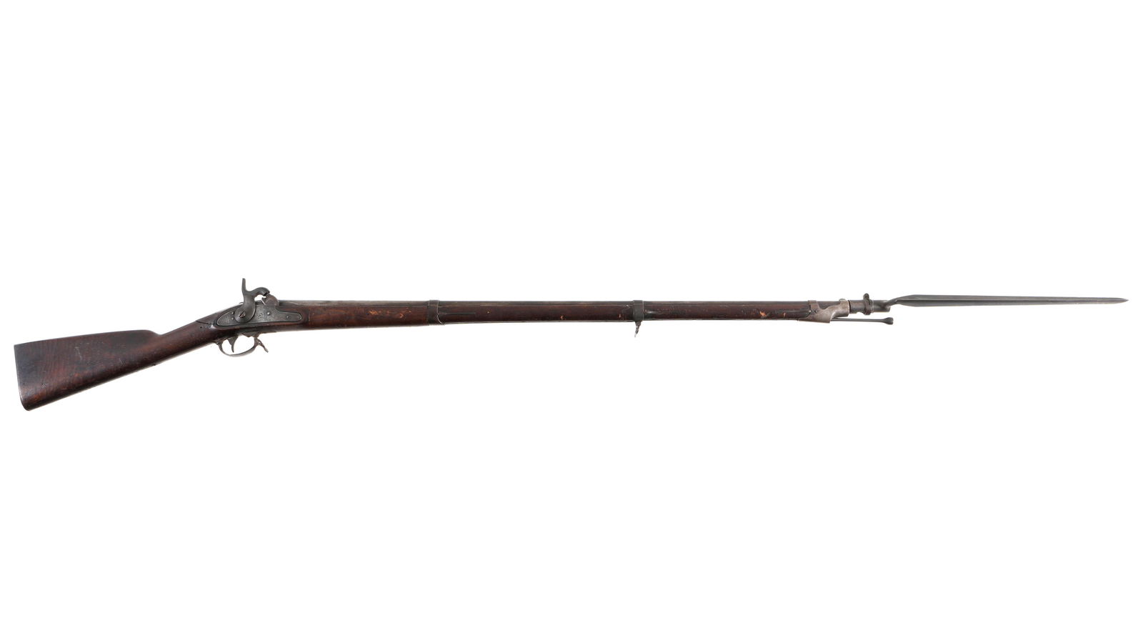 Springfield Model 1851 Cadet Musket with Bayonet: Rare Model 1851 US Springfield cadet musket with original bayonet. 40" smoothbore .57 caliber barrel, marked with VP Eagle head at breech, 1851 stamp on tang. Lockplate well marked with eagle over US,