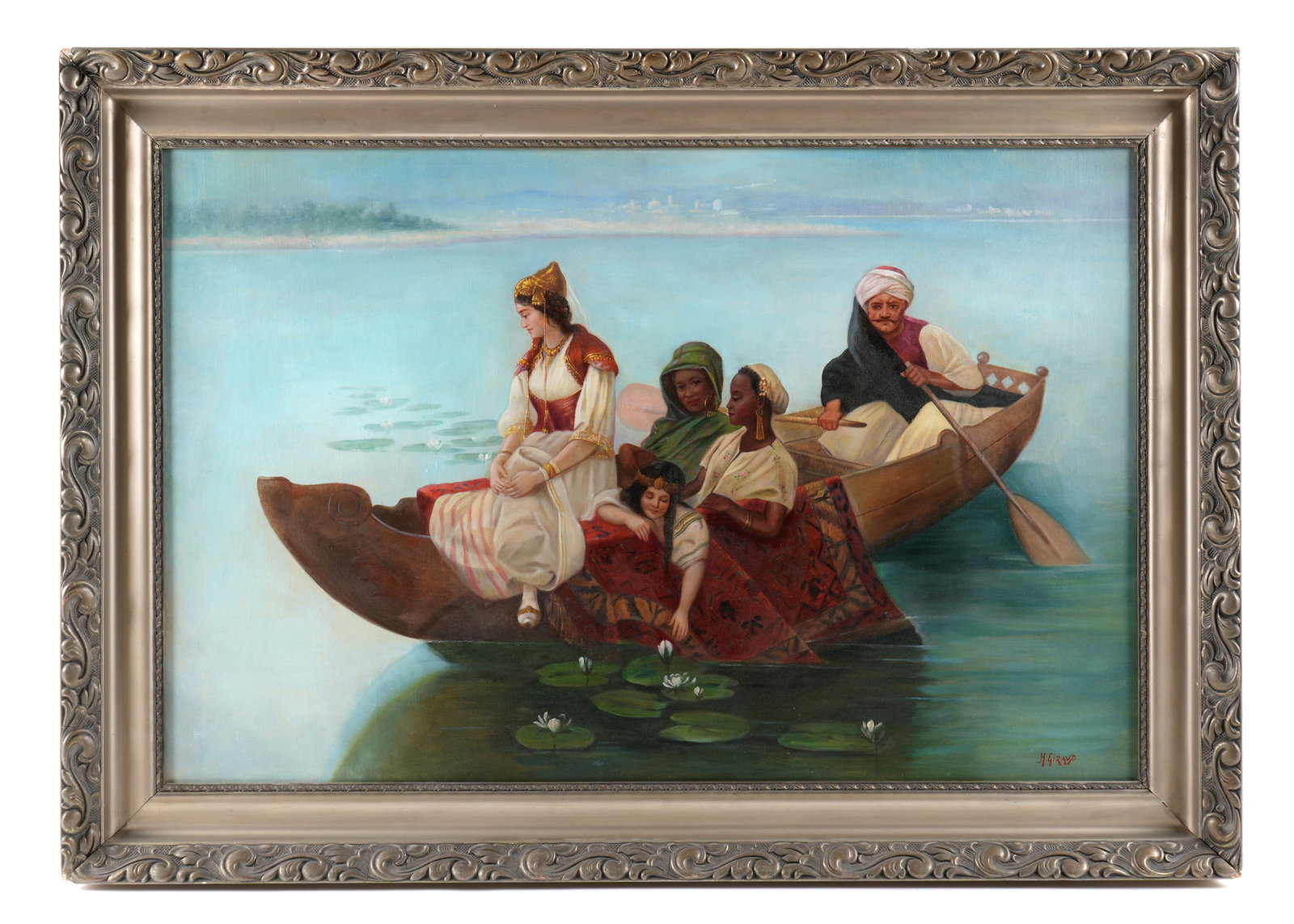 Orientalist Women in Boat Painting Signed Giraud: Depiction of four Orientalist women in a boat with man rowing from behind, Oil/Canvas, signed H. Giraud lower right, 26.5" x 40.75", framed 33.5" x 47.5".