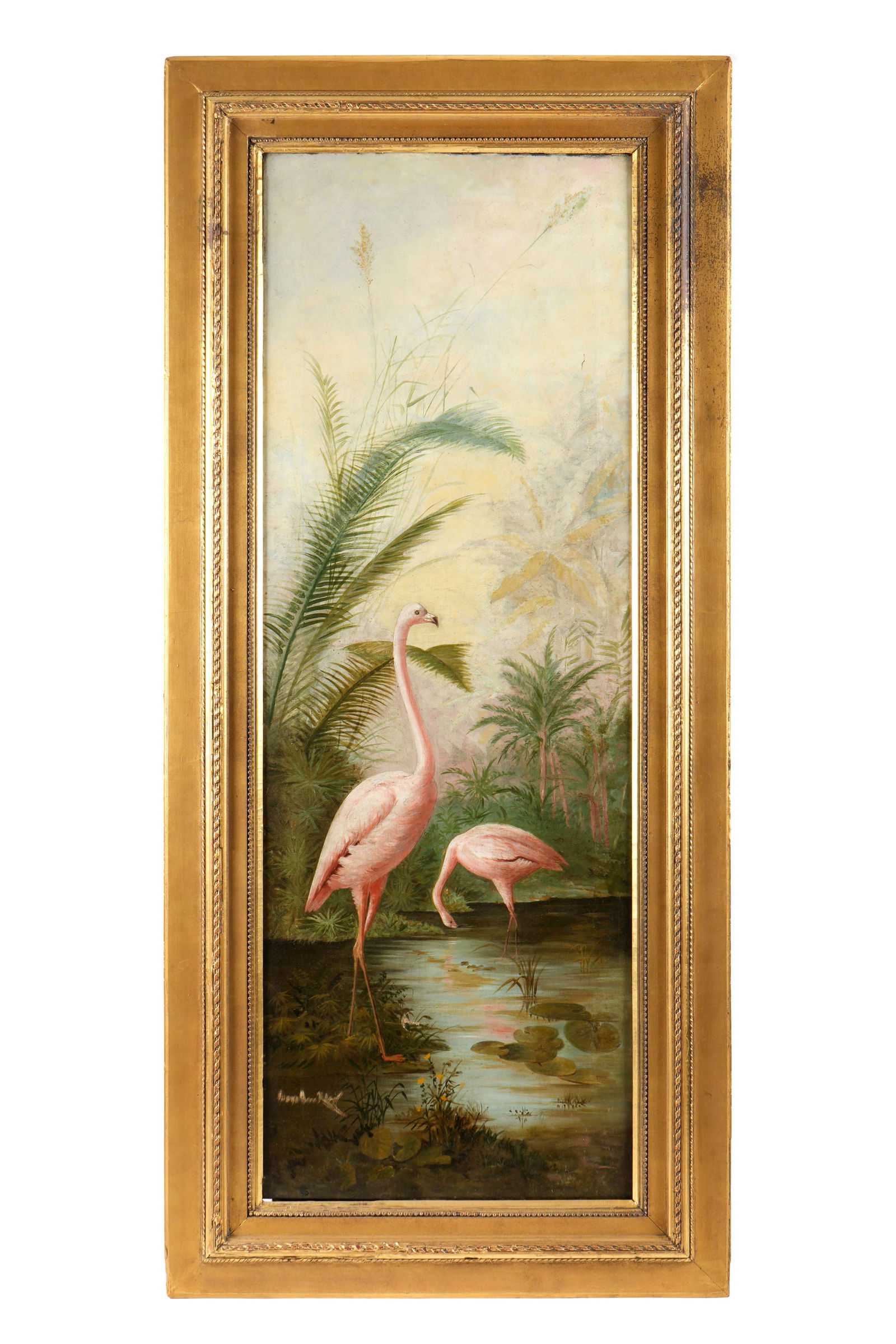 19th Century Mystery Artist Flamingos Painting: Depiction of two flamingos in tropical landscape, Oil/Canvas, illegibly signed lower left, 55.5" x 20", framed 65.5" x 30". Condition: Craquelure, scattered inpaint, three patch repairs verso. From th