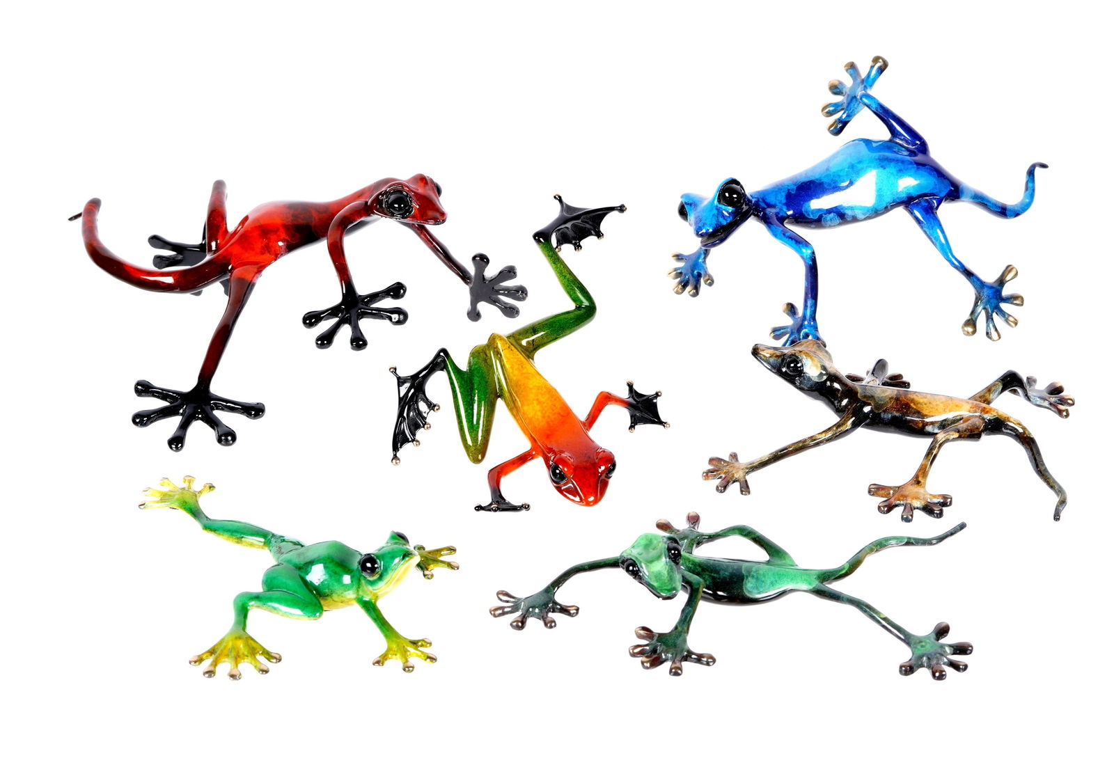 Six Enameled Bronze Frogs and Geckos: An assembled collection of six pieces total to include 1) Tim Cotterill (Frogman) "Rasta" tree frog, signed and numbered EV 49/150 and 1049/2000, dated '07. 2) Joseph Quillan green tree frog, signed a