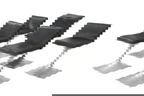 Five Roger Tallon Module 400 Aluminum Chairs: Five chairs total from the Module 400 series by Roger Tallon. Aluminum construction with fitted leather cushions. Four measure 25.25" h. x 15" x 15", one measures 26" h. x 15" x 18.5". Condition: In n