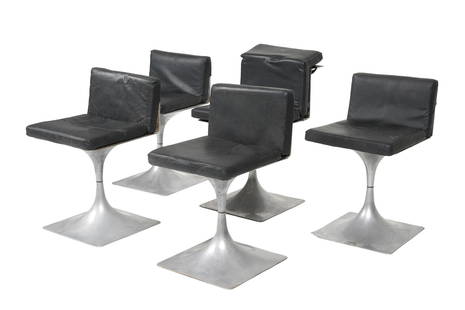 Five Roger Tallon Module 400 Aluminum Chairs: Five chairs total from the Module 400 series by Roger Tallon. Aluminum construction with fitted leather cushions. Four measure 25.25" h. x 15" x 15", one measures 26" h. x 15" x 18.5". Condition: In