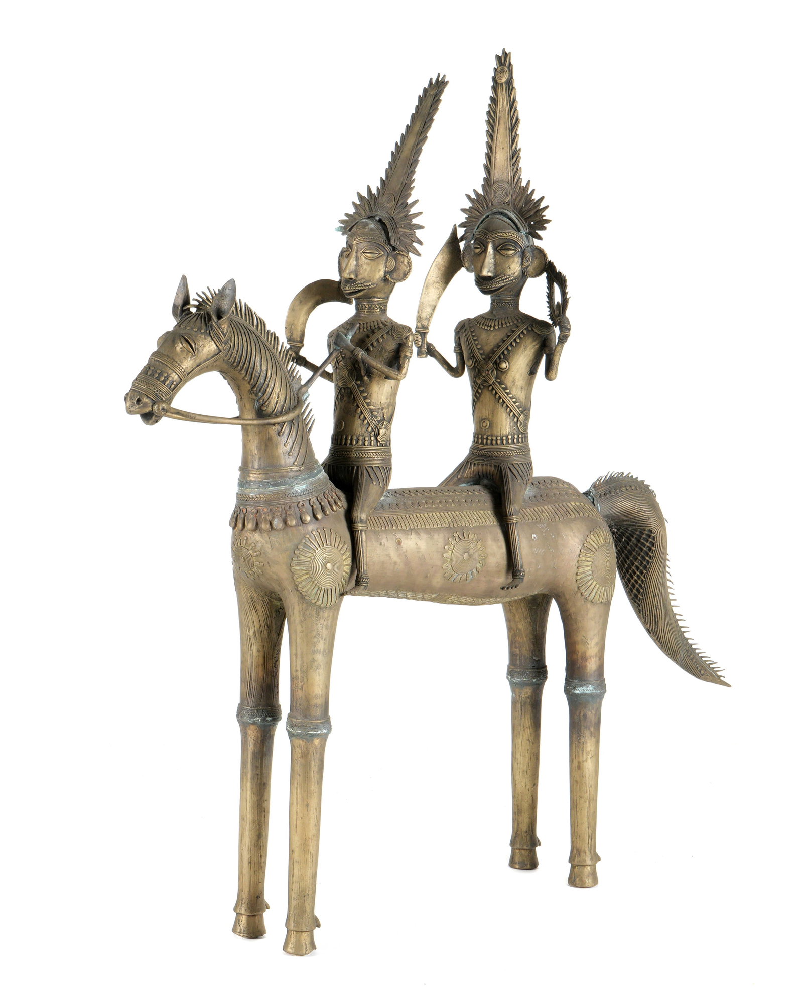 Indian Bronze Dhokra Horse and Riders: Heavy bronze Indian figural group of a horse and two riders, no visible signature or markings. Overall 35.5" h. x 37" x 6". Condition: Verdigris, weathering.