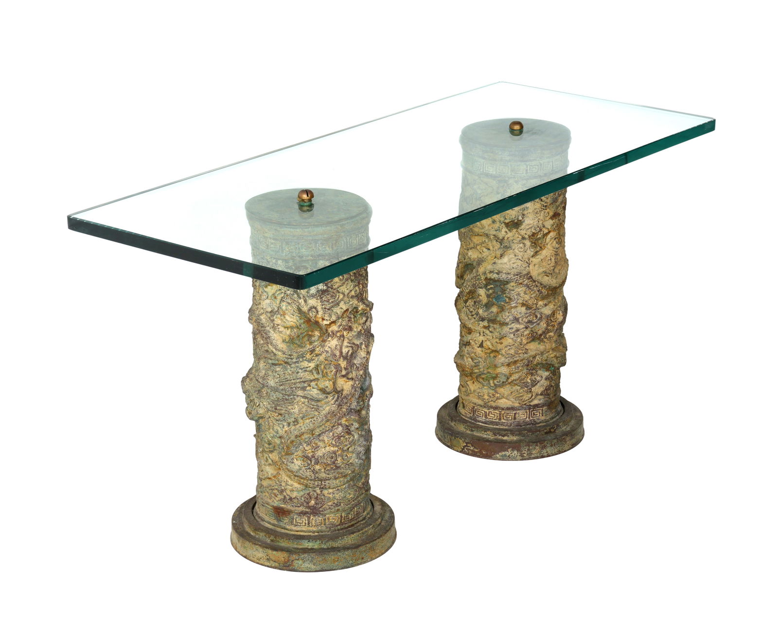 Chinese Bronze Double Pedestal Glass Top Table (1 of 5)