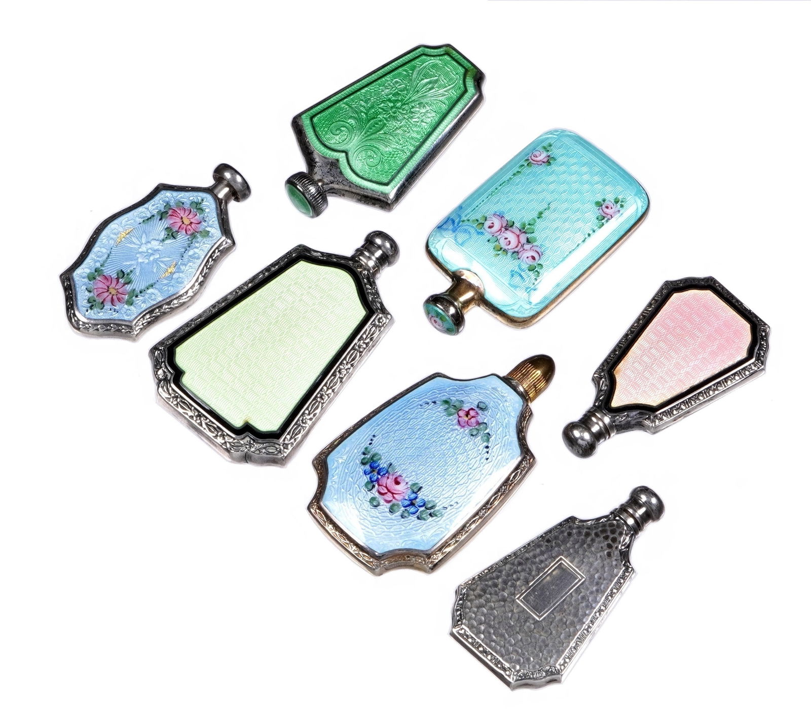 Seven Miniature Silver Guilloche Perfume Bottles (1 of 10)