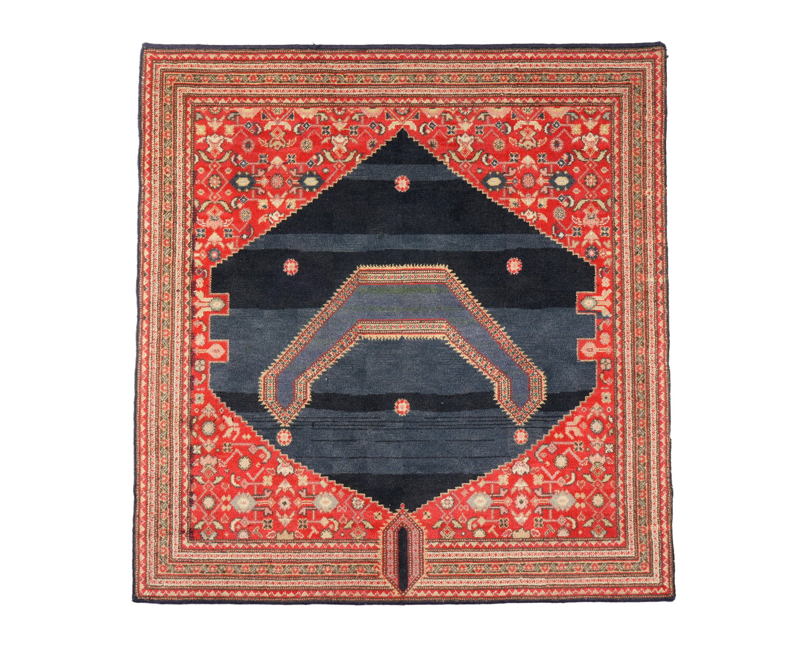 Signed Persian Senna Horse Cover: Five floral and geometric border bands, red outer field with verses and signature along one side. Banded center field, overall 2' 1" x 3' 3". Please see photos for condition.