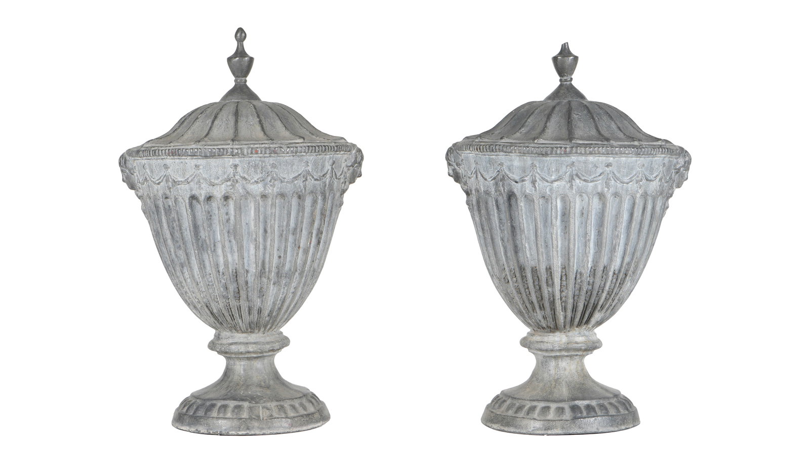 Pair of Antique French Lead Finial: Large cast lead urn form finials, each measuring approx. 22.5" h. x 14.5". Condition: Signs of wear and weathering. Shippers note, approx. 90 lbs each.